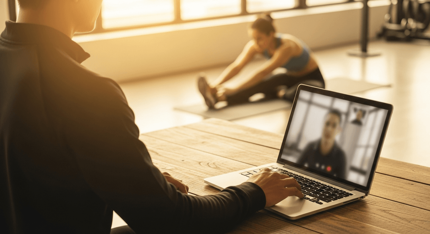 A fitness coach at a desk video calls a remote client while another client stretches in the blurred background.