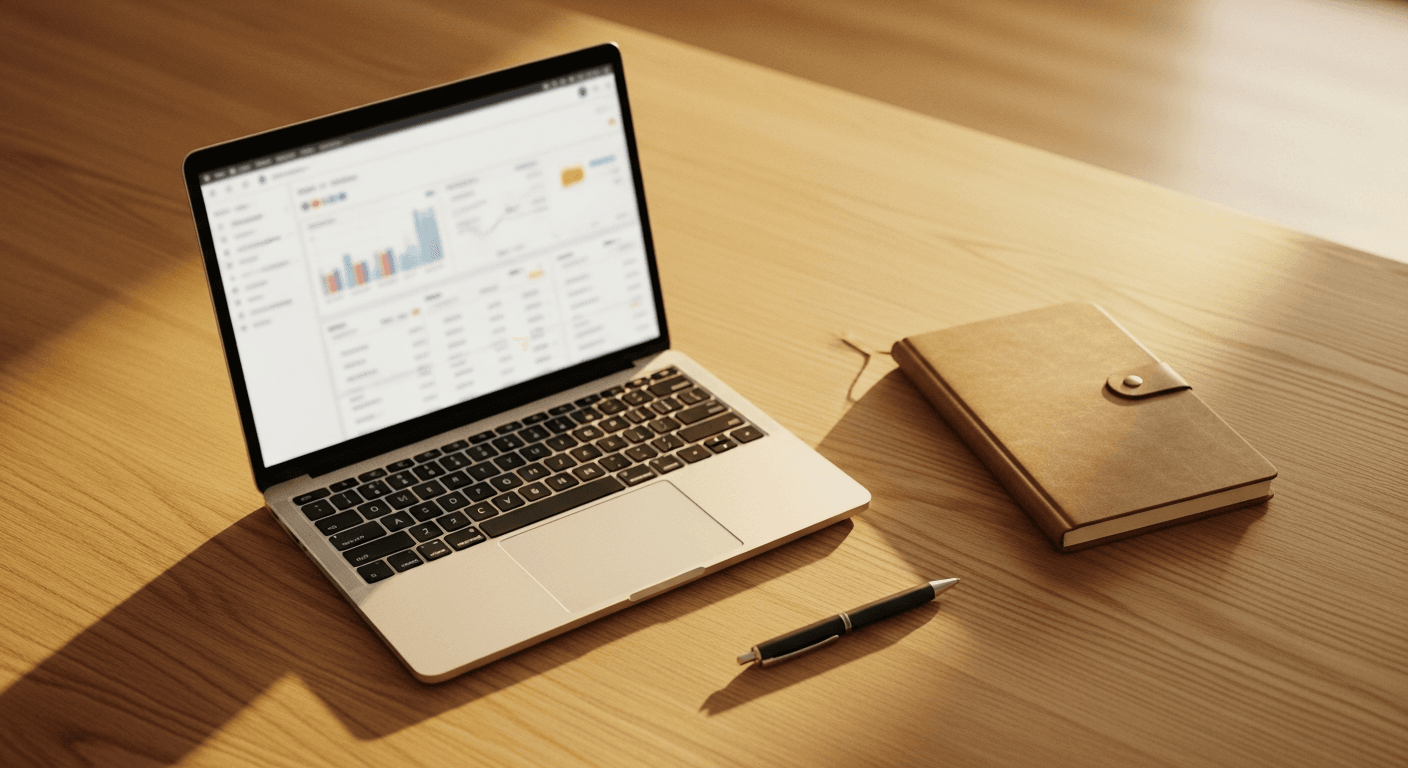 Warm-toned desk with open laptop, closed notebook, and pen in soft golden natural light.