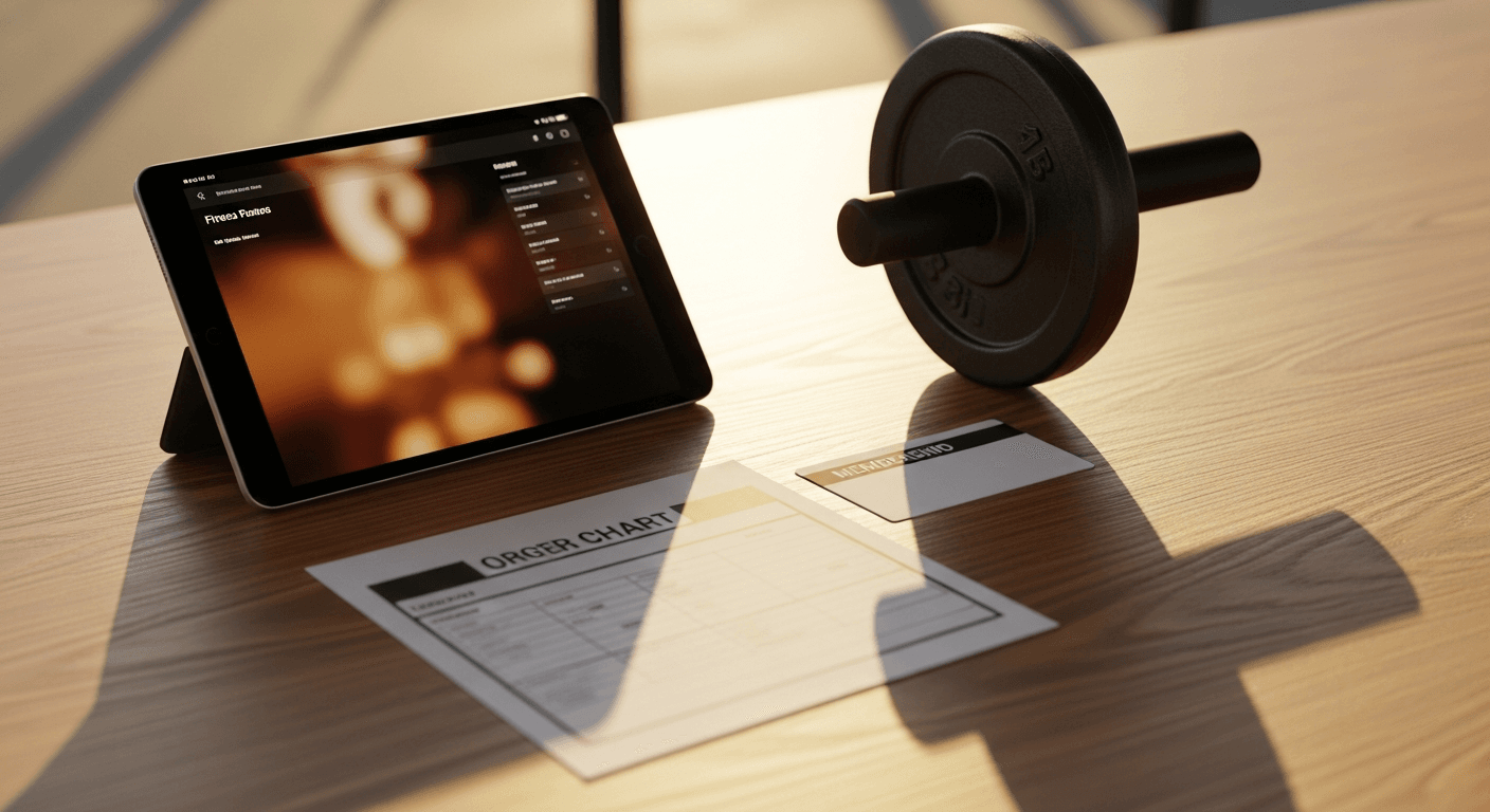 Gym operator's desk with barbell weight, membership card, and tablet in warm golden light.