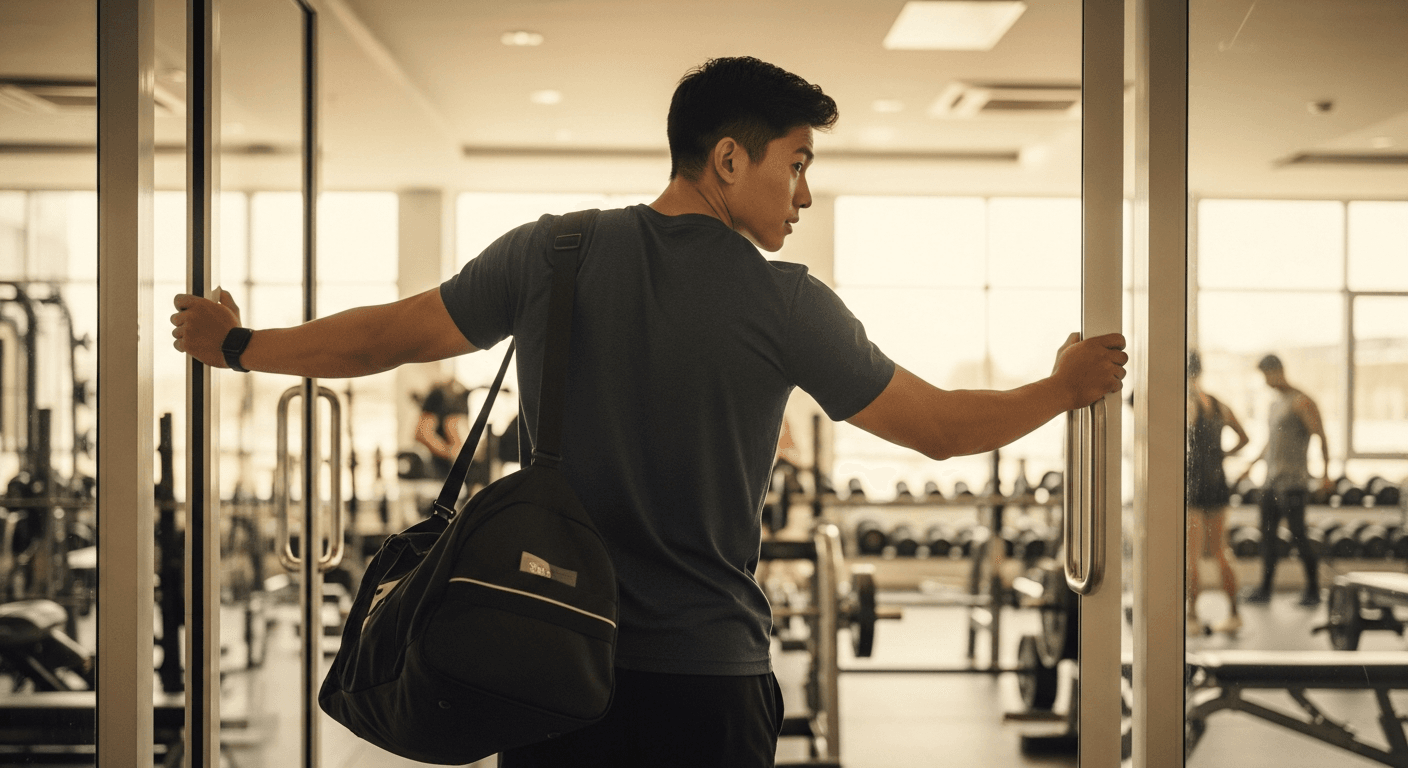 Gym member departing with bag over shoulder, glancing back at the gym door in warm light.