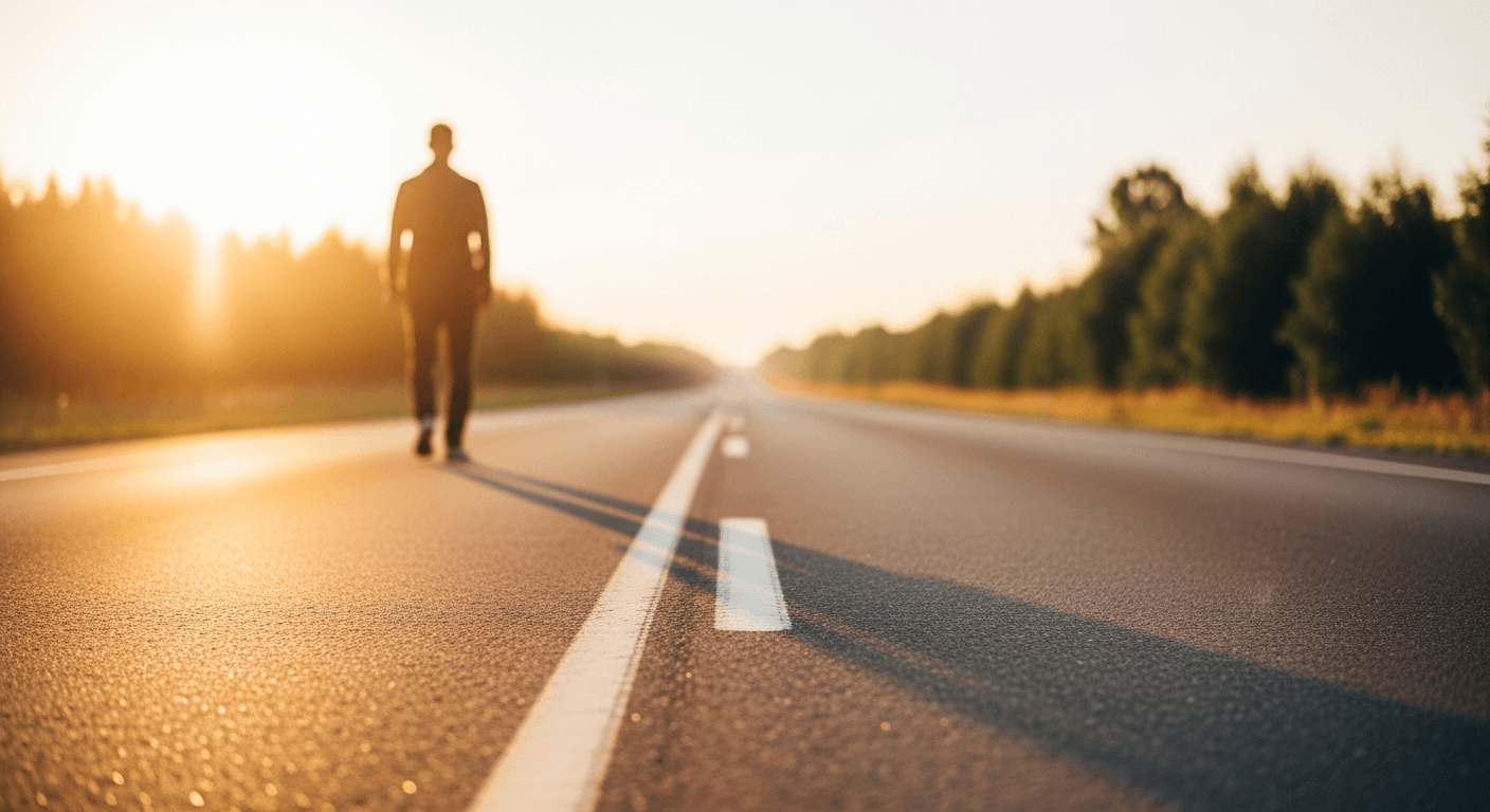 A lone runner in mid-stride on an empty road bathed in warm golden morning light.