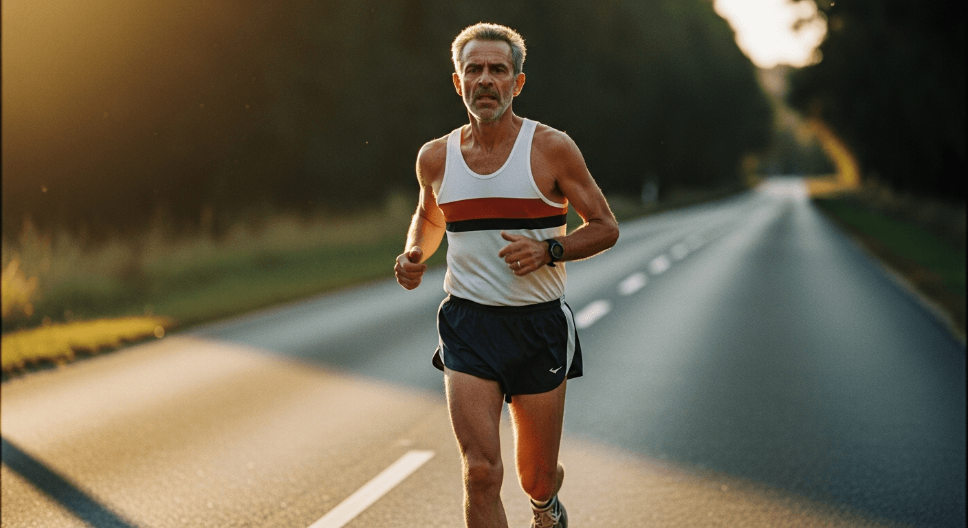 Middle-aged male runner mid-stride on a quiet road, bathed in warm golden-hour light.