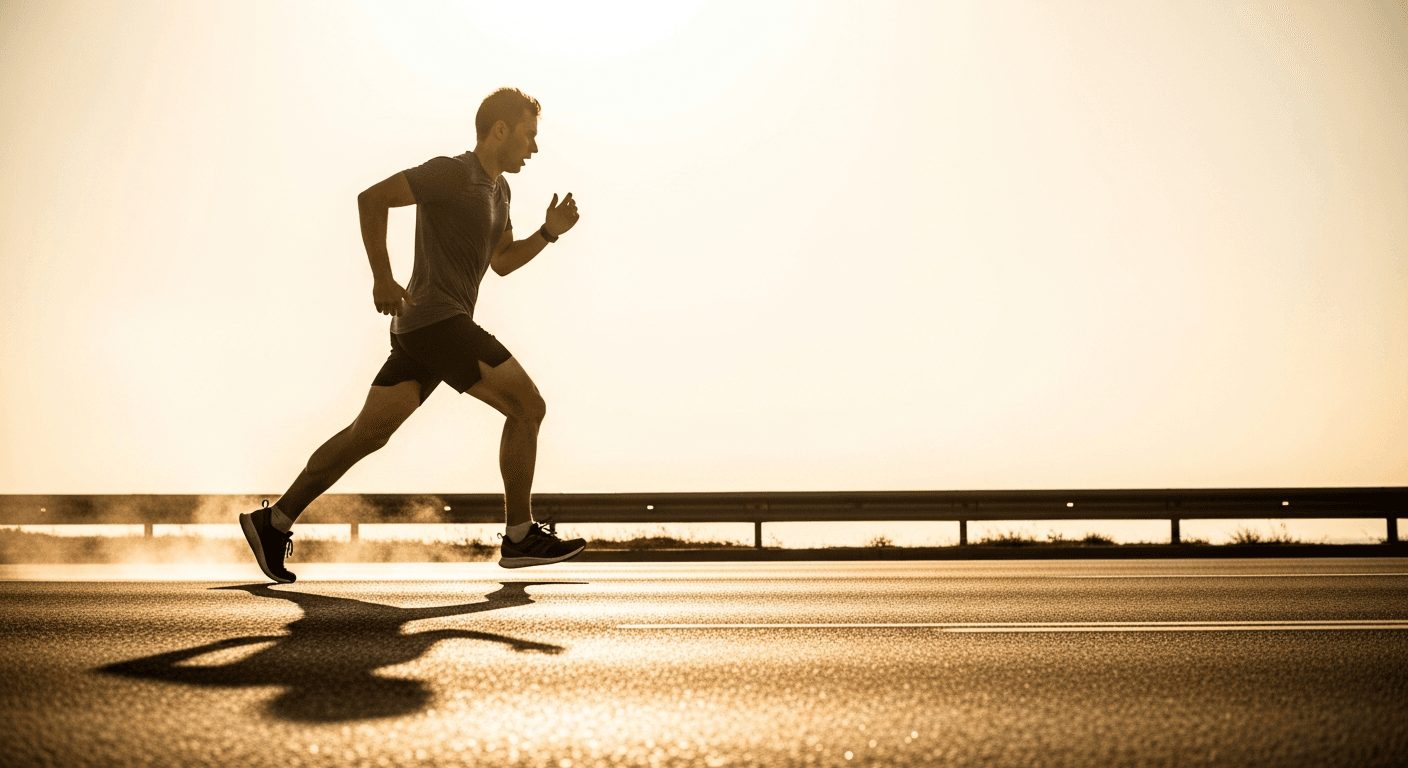 Sweaty runner leaning into effort on a sun-baked urban road with heat shimmer distorting the pavement ahead.