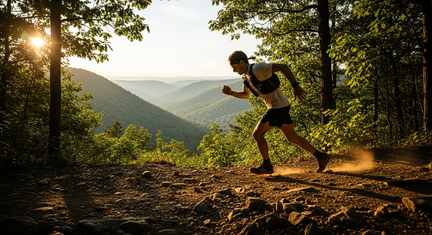 Trail runner mid-stride on rocky forest path with Shenandoah Valley ridgelines visible in golden-hour light.