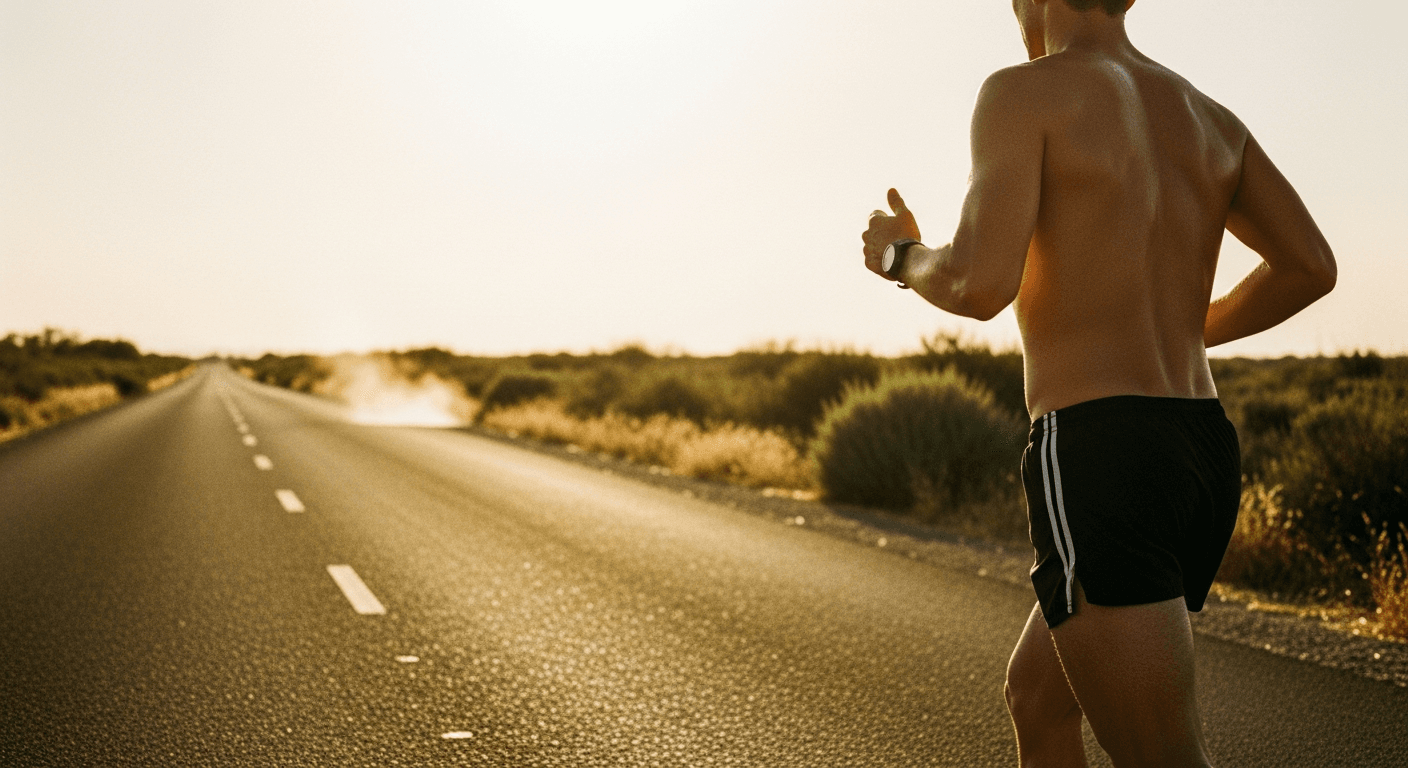 A runner mid-stride on a sun-baked path, sweat glistening in golden summer light during intense heat.