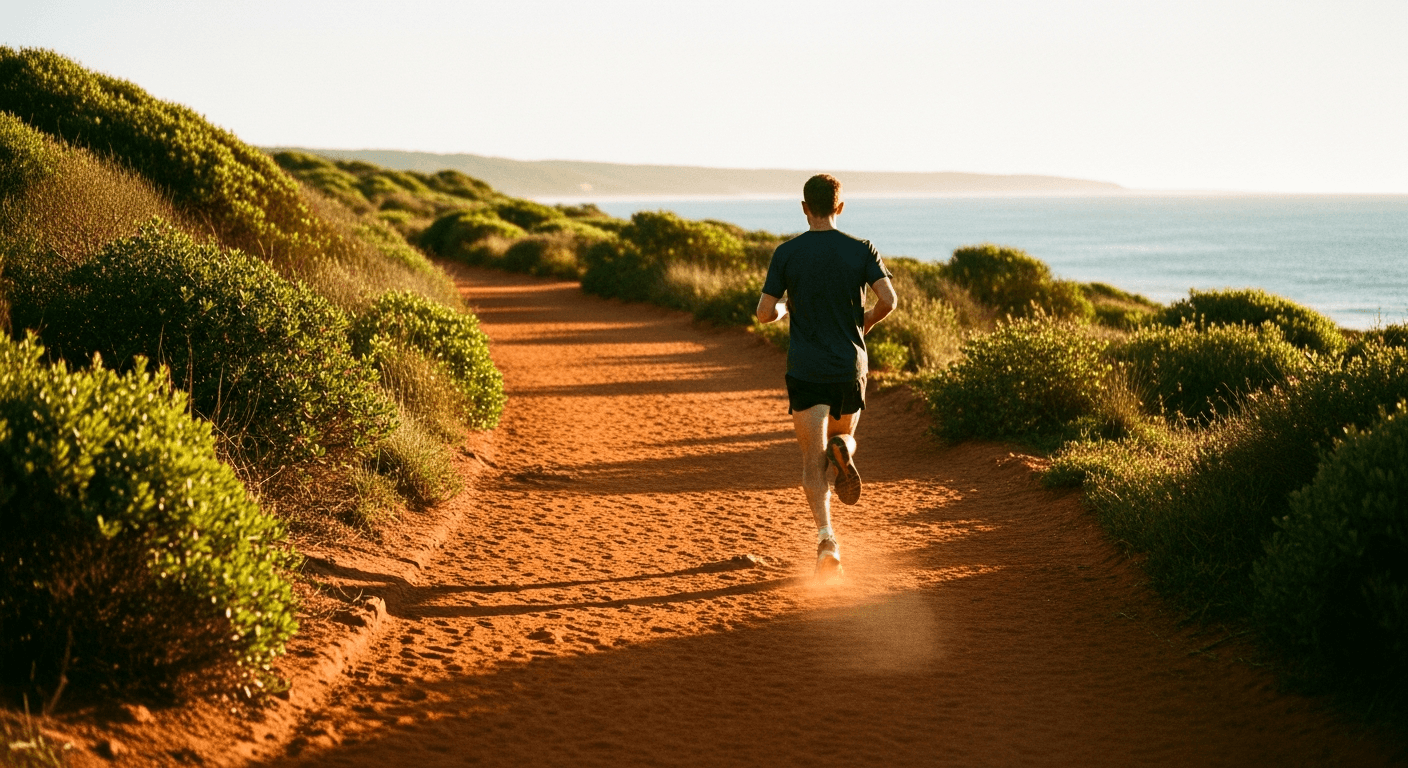 A lone runner mid-stride on a red-dirt coastal trail with ocean and scrubland visible in warm golden light.