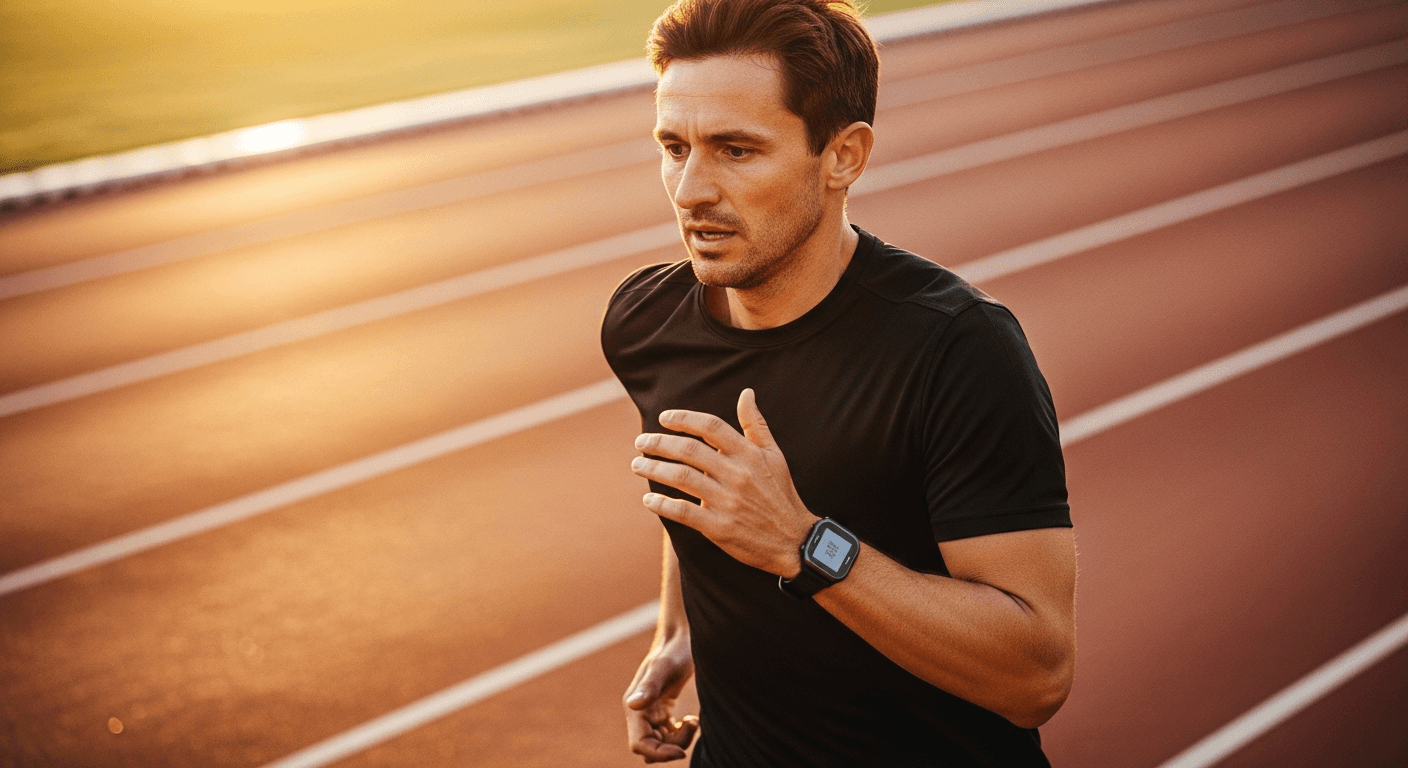 Middle-aged male runner at high effort on a track wearing a GPS watch, captured in warm golden late-afternoon light.