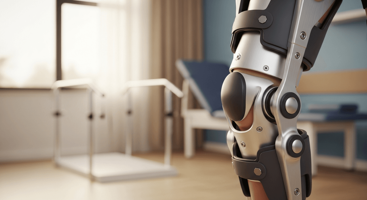 Close-up of a robotic exoskeleton wrapped around a patient's knee in a rehabilitation clinic.