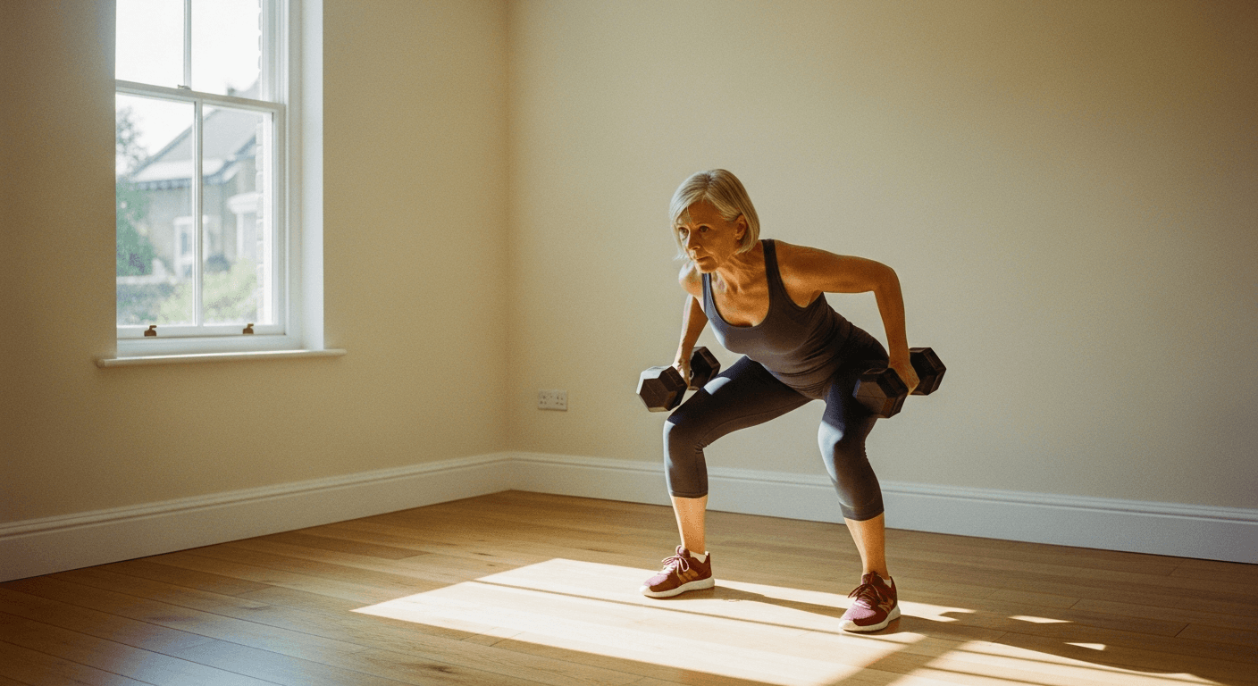 Middle-aged woman performing a controlled dumbbell deadlift in a sun-filled home gym.