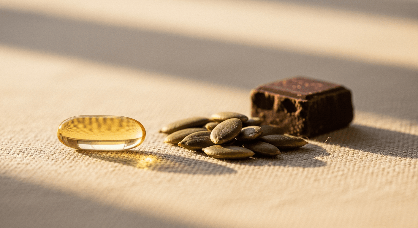 A magnesium capsule, pumpkin seeds, and dark chocolate arranged on warm cream linen in soft golden light.