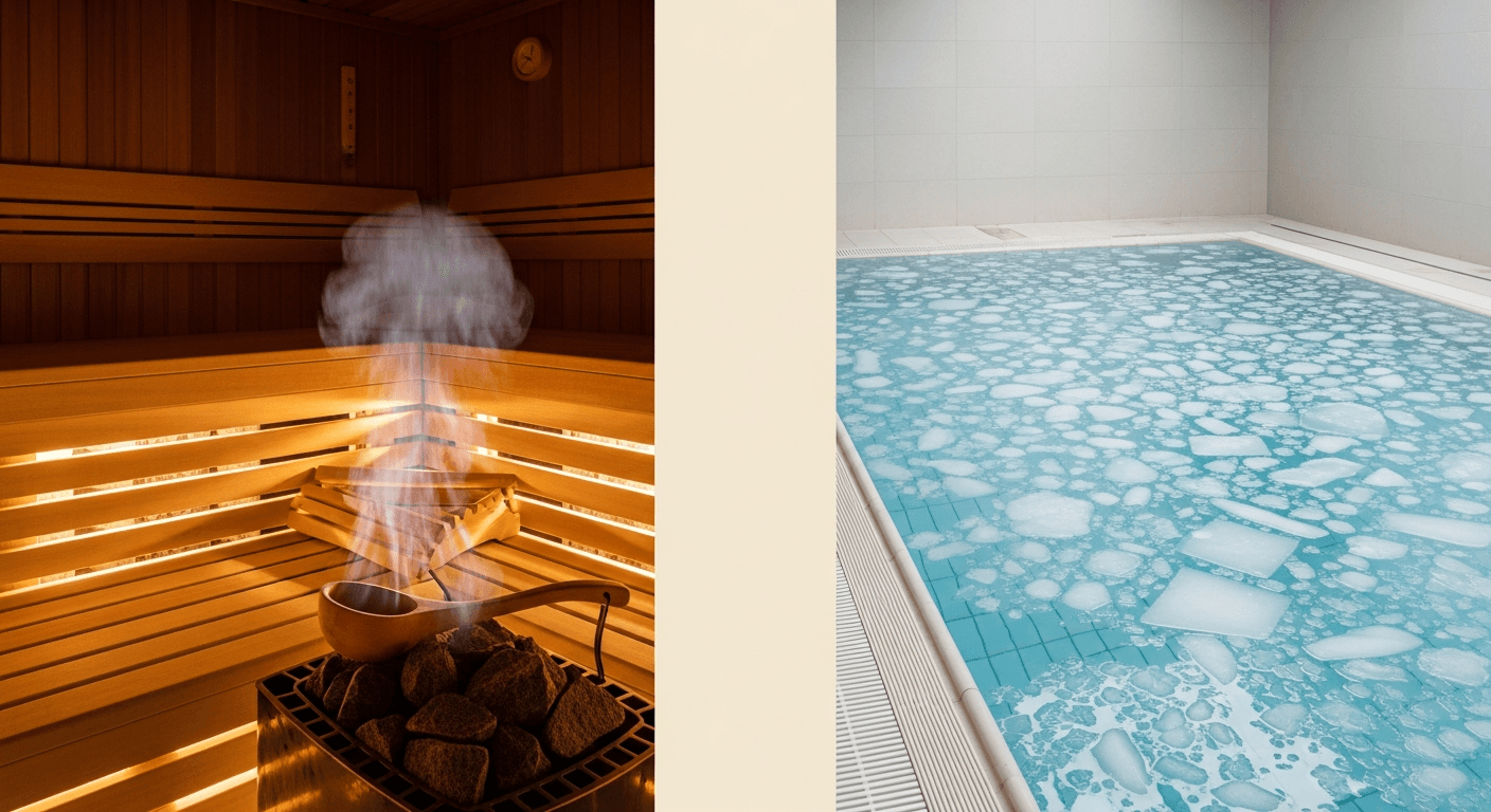 Split-composition showing warm sauna interior with steam and hot stones on left, cold plunge pool with floating ice on right.