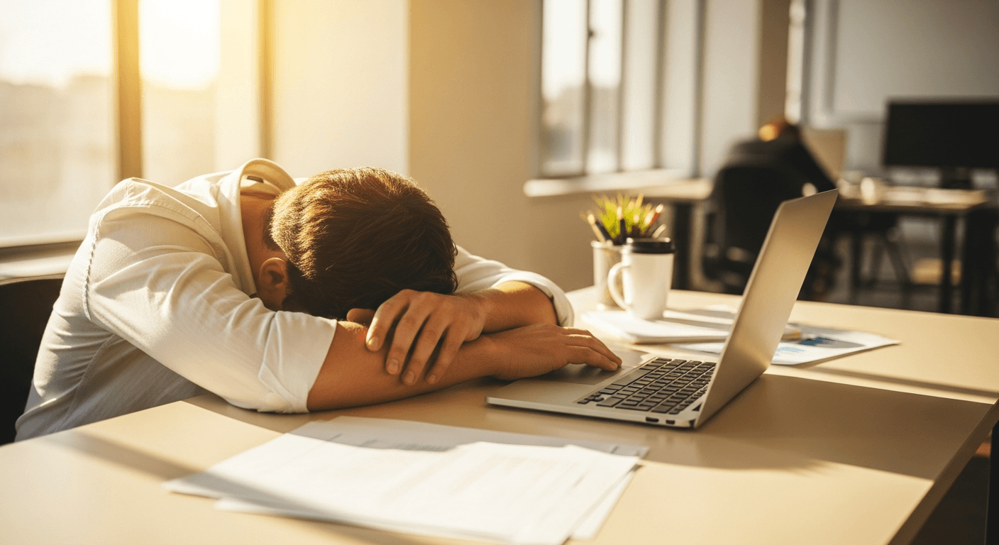 Exhausted employee slumped at office desk surrounded by scattered work papers and laptop.