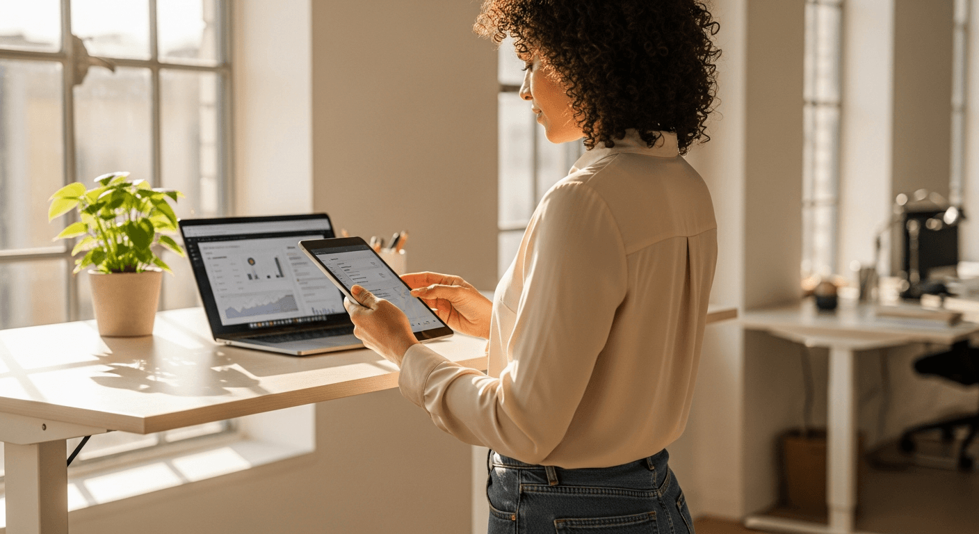 Confident HR professional reviewing a tablet at a height-adjustable desk in a bright modern office.