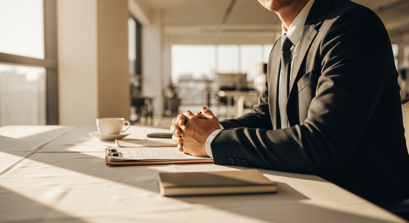 A business leader seated at a clean desk, focused on documents, bathed in warm natural golden daylight.