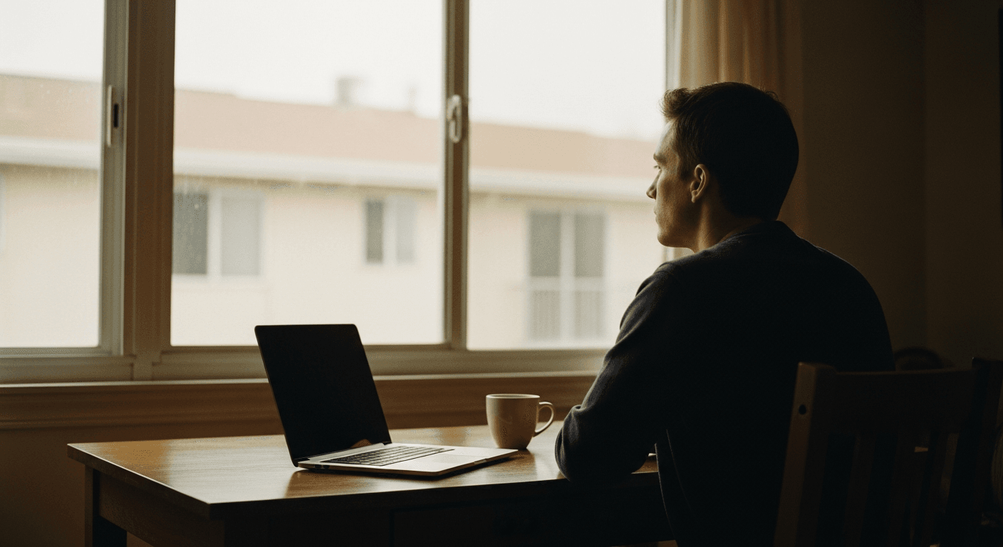 Lone figure at home desk gazing out window, visually representing remote work isolation.