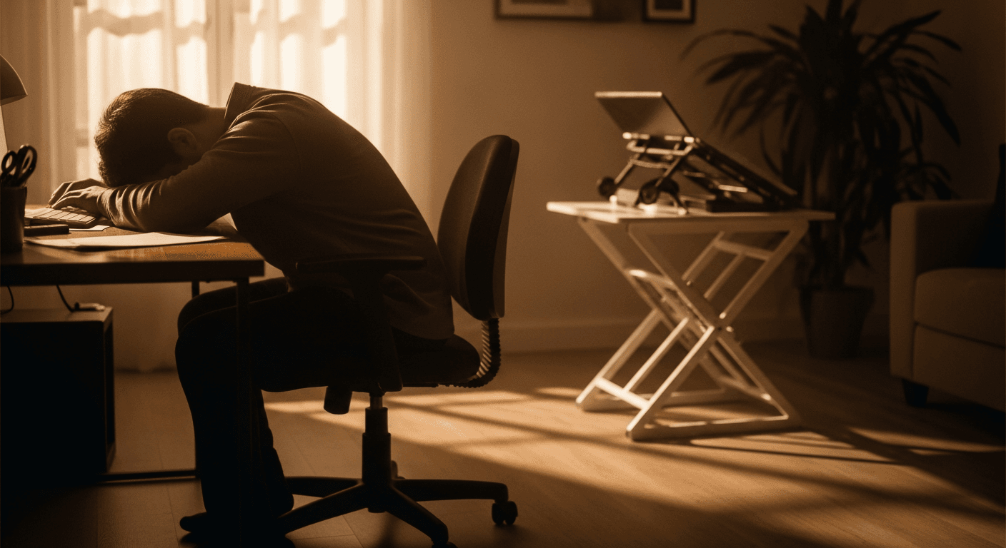 Person hunched over a cluttered desk in warm afternoon light, illustrating the physical toll of prolonged sedentary work.