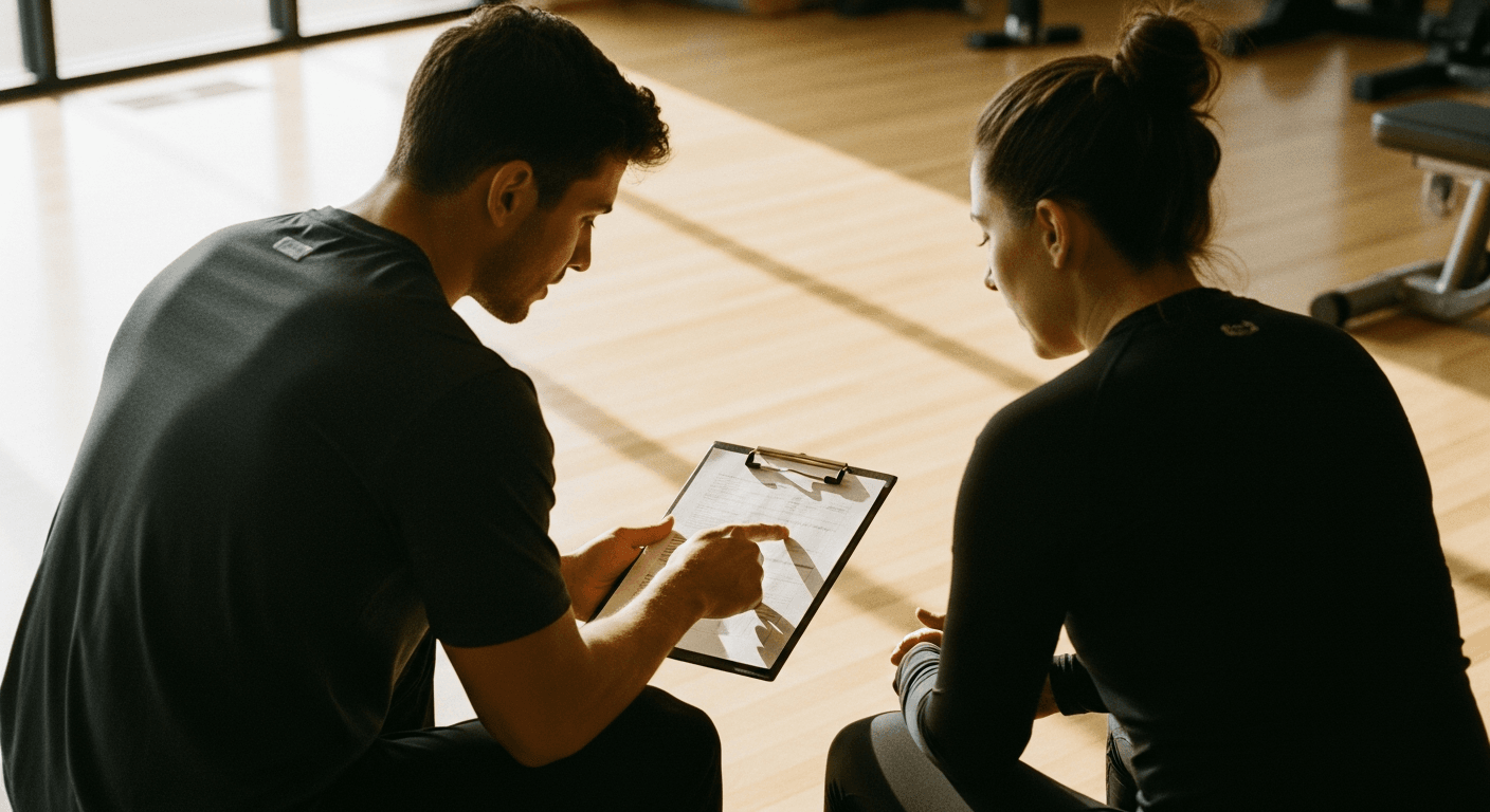 A coach and client review a document together on a gym bench in warm natural golden light.