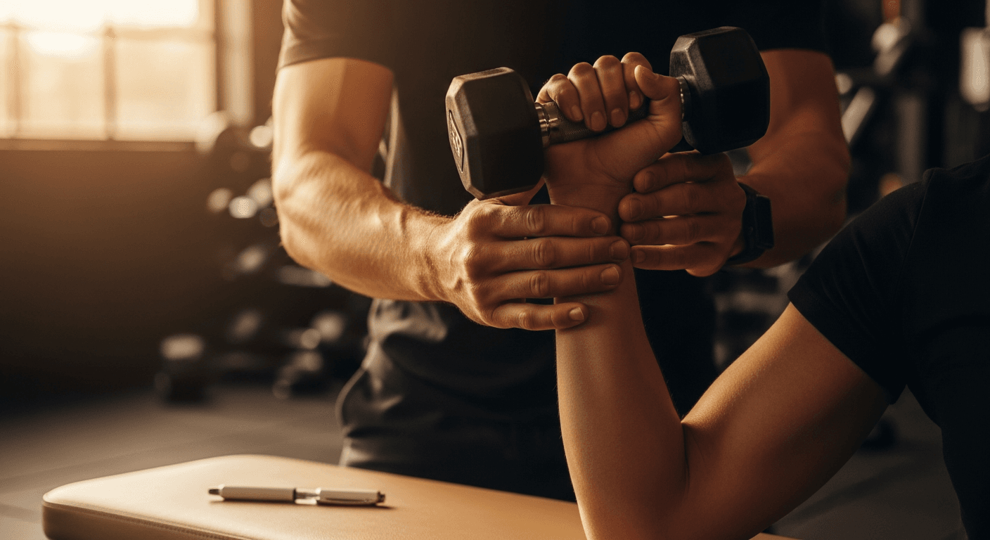Coach spotting client's dumbbell curl with injection pen blurred in warm-lit gym background.