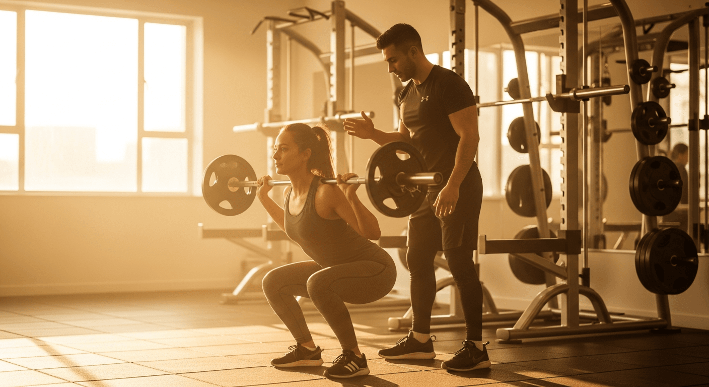 A personal trainer cues a client performing a squat in warm golden light inside a gym.