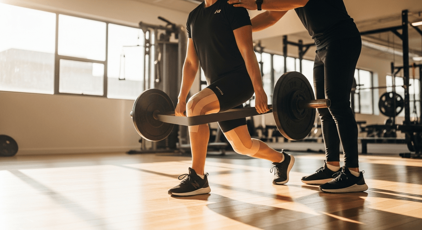 Athlete performs single-leg Romanian deadlift with resistance band and taped knee while coach guides their form.