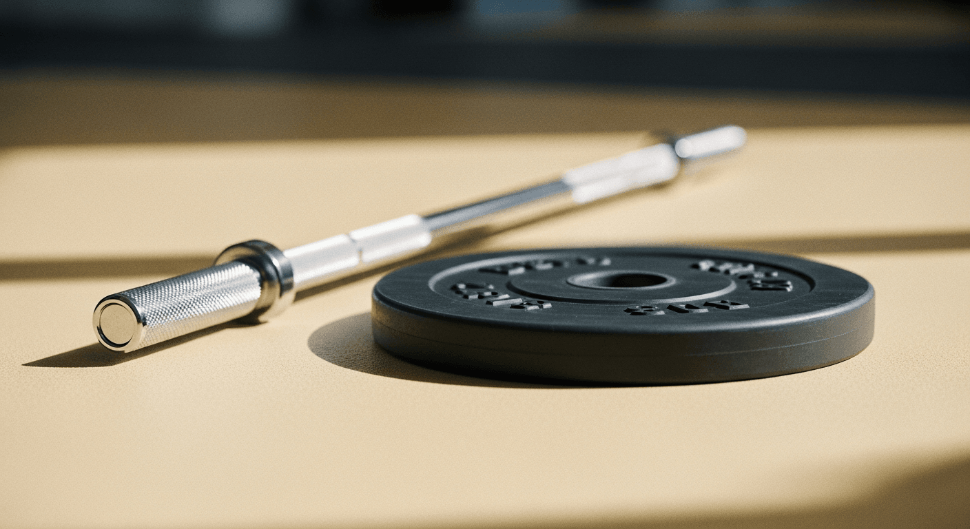 A black weight plate rests on a warm cream gym floor beside an unloaded barbell.
