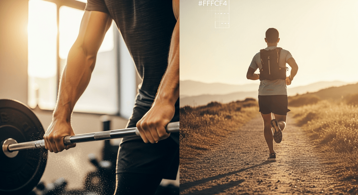 Split-frame image of a weightlifter gripping a barbell and a runner on a trail, unified by warm golden light.