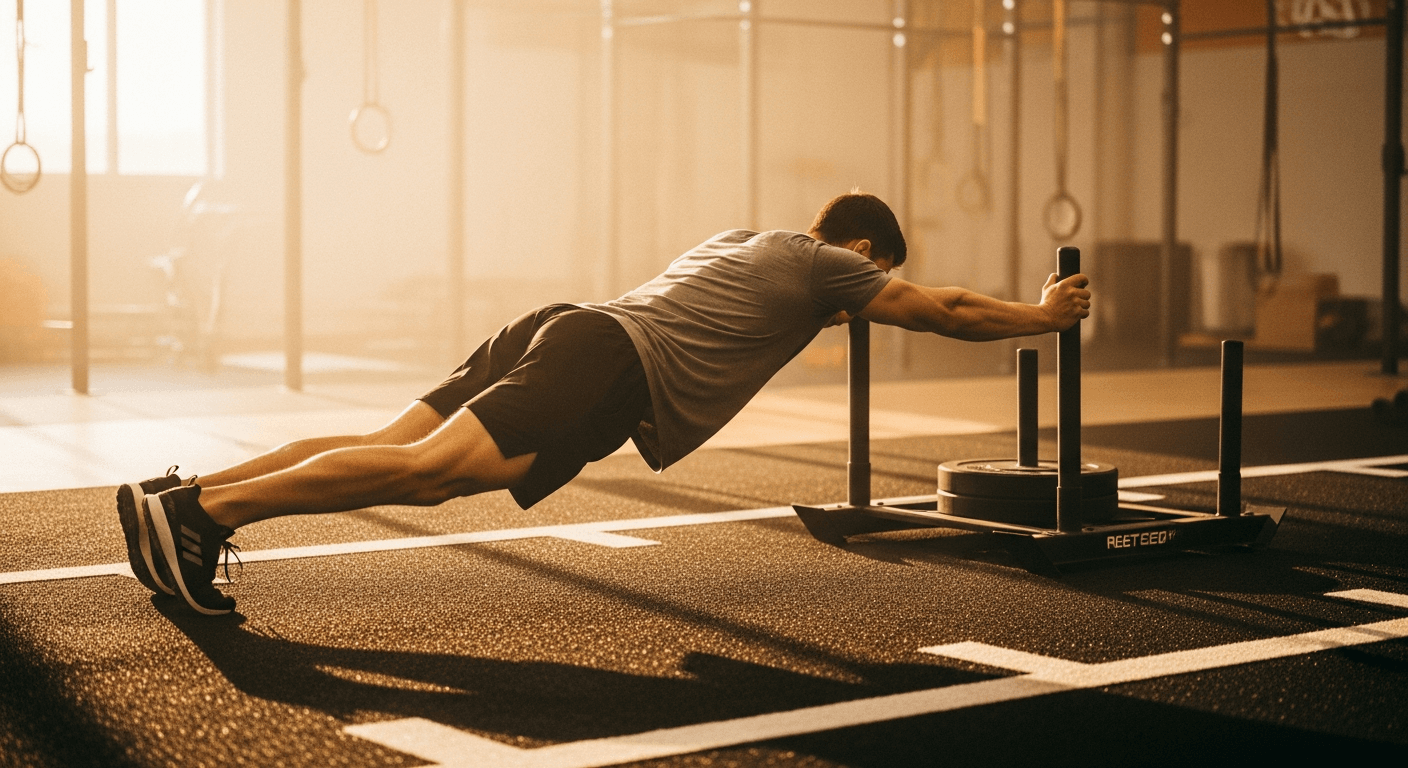Male athlete driving a heavy sled across rubber turf in a functional fitness facility.
