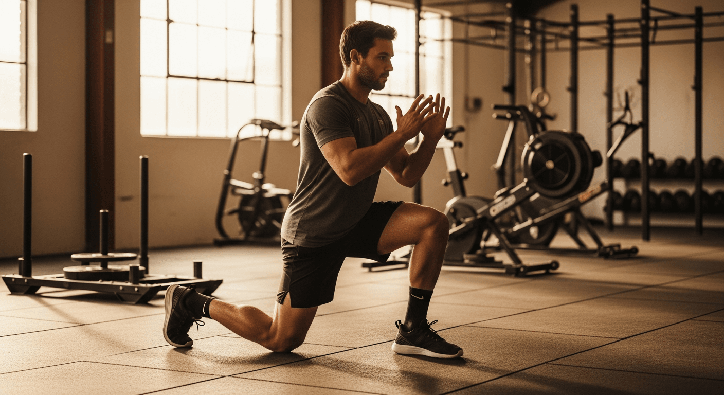 Athlete performing a deep walking lunge in a functional fitness facility with competition training equipment.