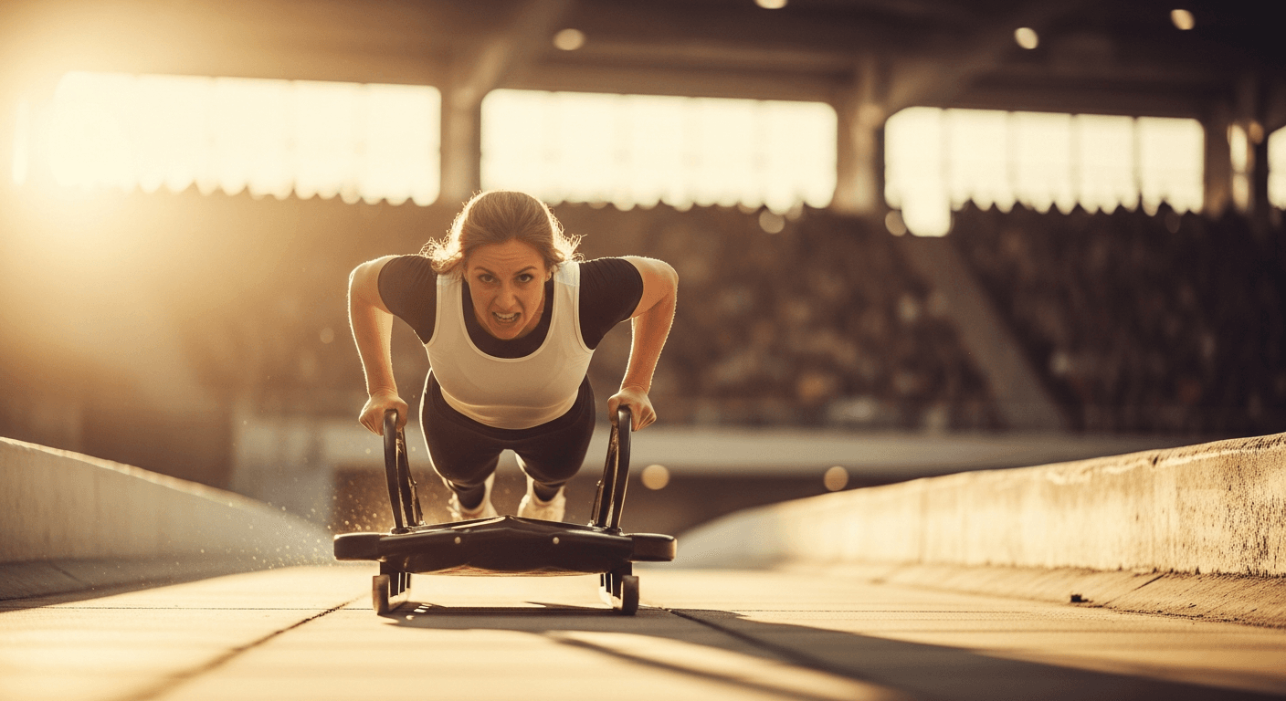 Female athlete intensely pushing a weighted competition sled across a professional arena floor.