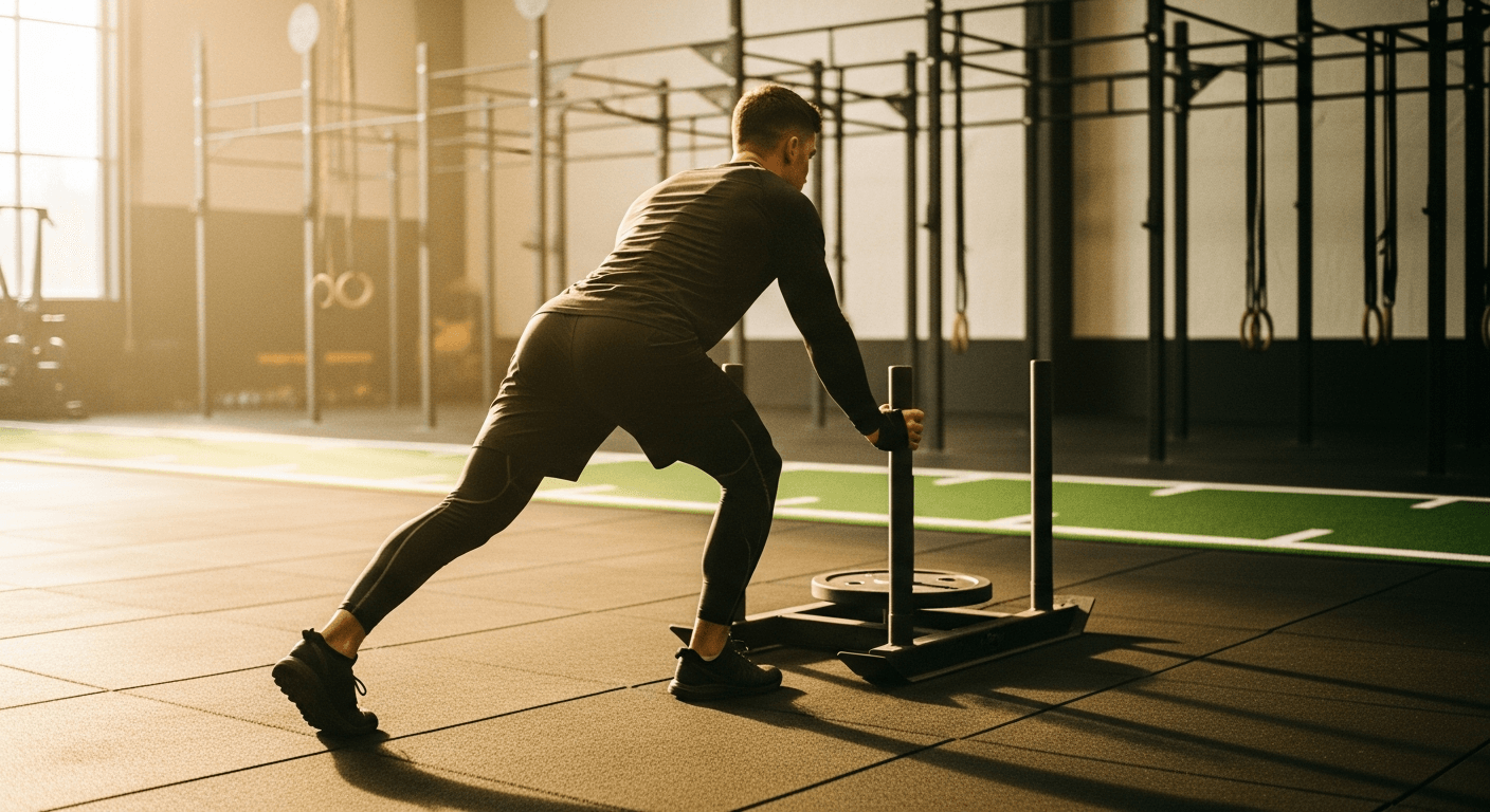 Athlete in compression gear performing a controlled, half-effort sled push during taper week training.