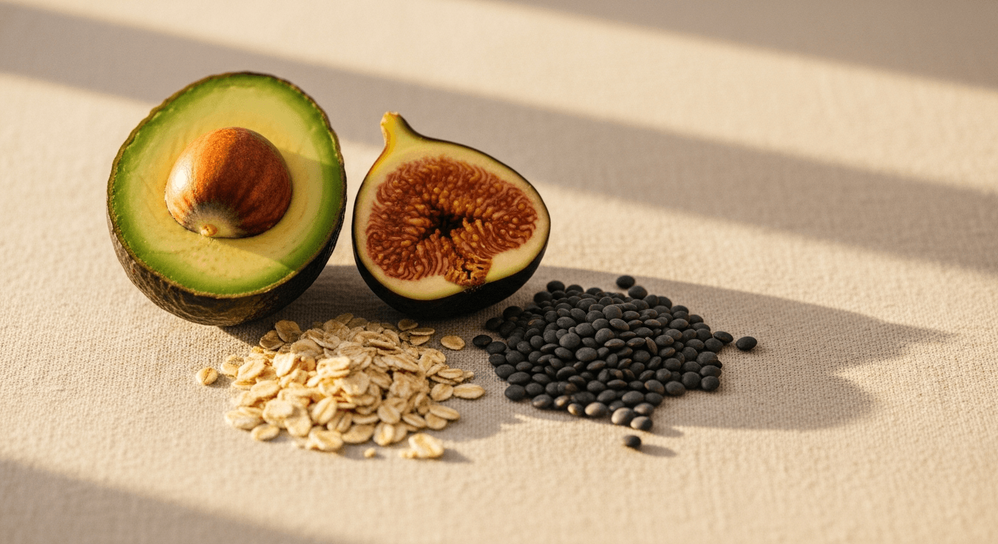 Editorial arrangement of fiber-rich ingredients: avocado, oats, fig, and lentils on warm cream linen.