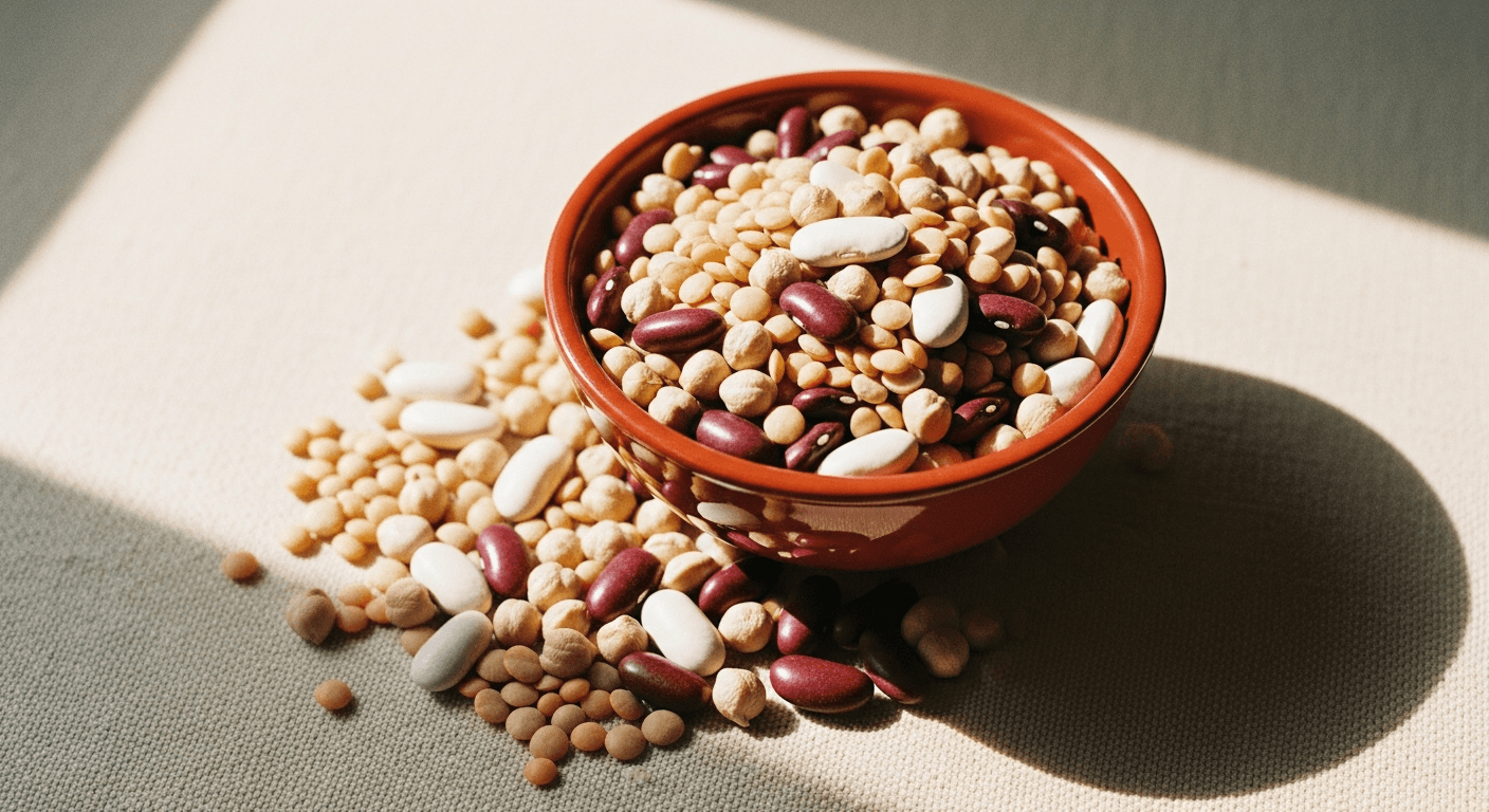 Ceramic bowl filled with mixed raw lentils, chickpeas, and kidney beans scattered on a linen surface.
