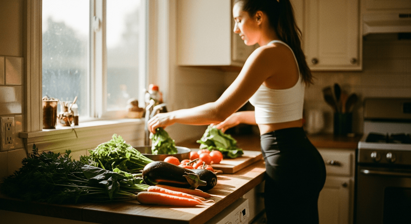 Athletic woman arranges colorful fresh vegetables on a wooden kitchen counter in warm golden light.
