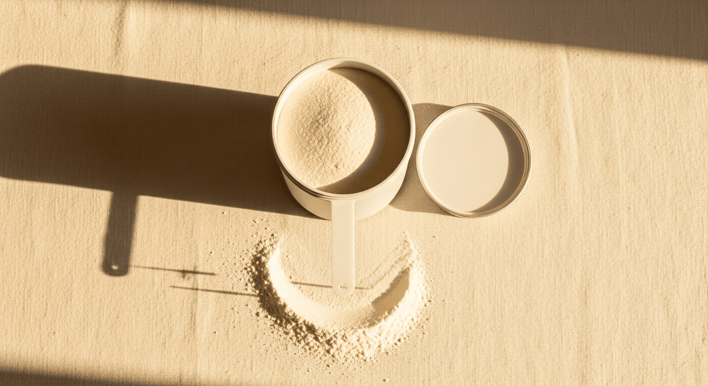 Matte protein powder canister with lid and measuring scoop on cream linen in warm golden light.