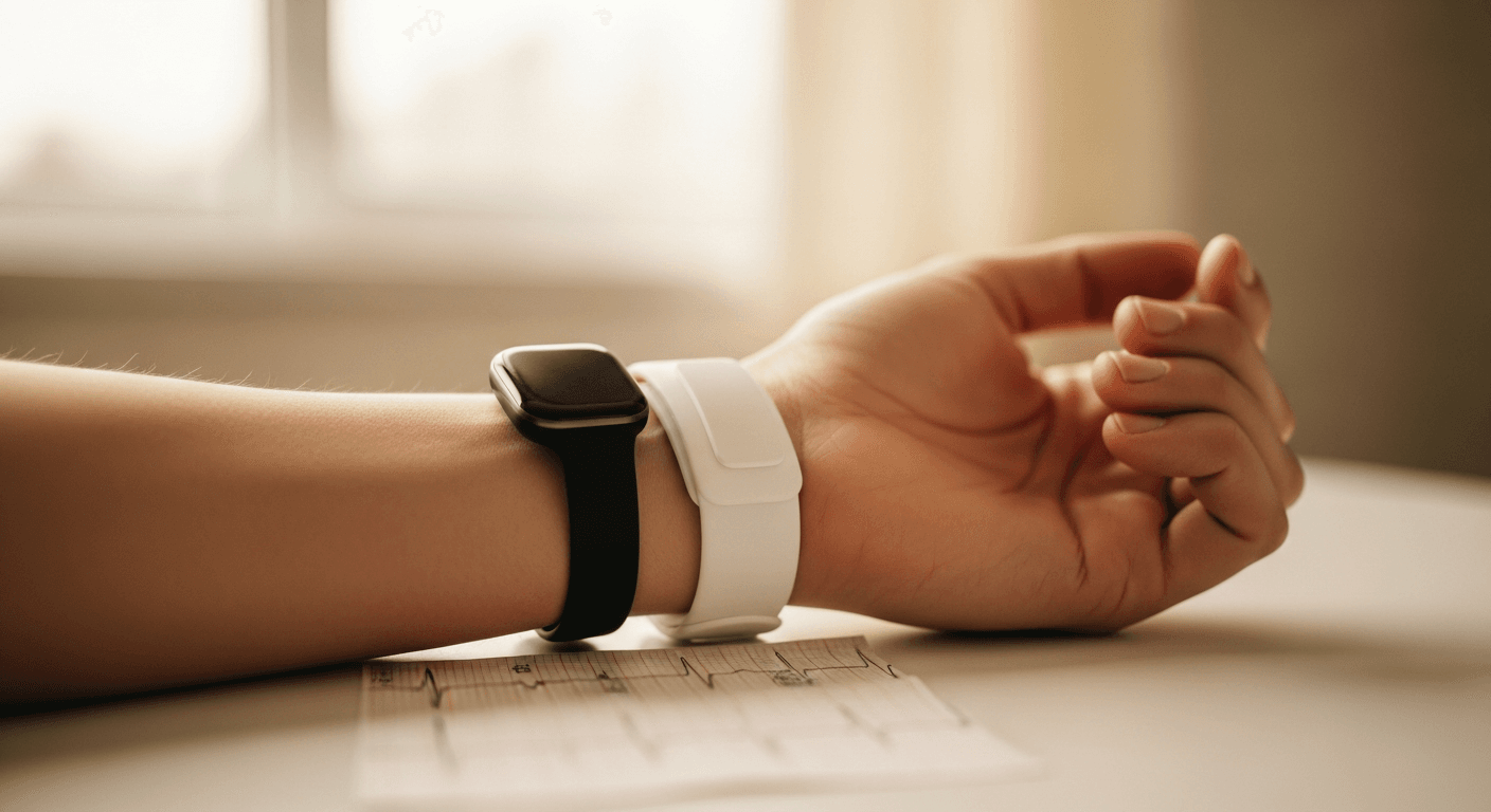 A black smart ring and white medical ID band worn together on a wrist resting on a clinical surface in warm light.