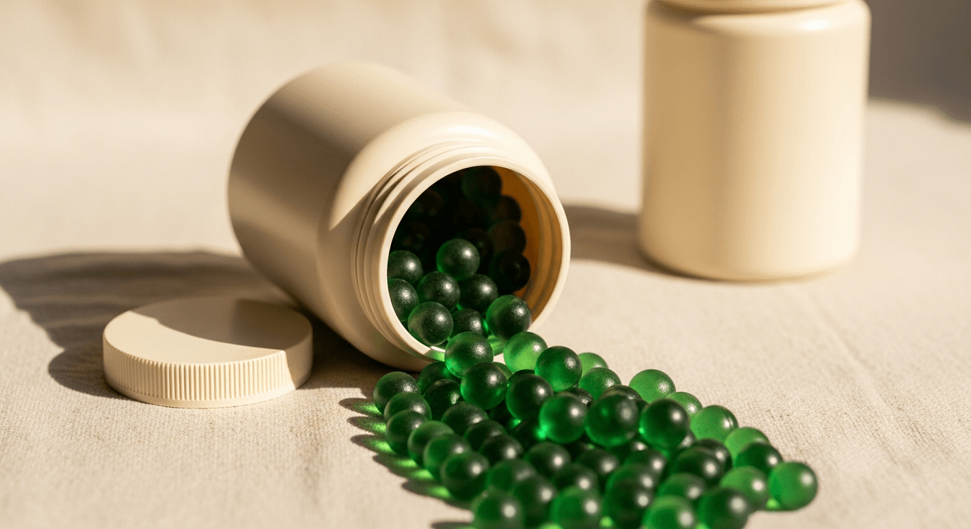 Two open supplement jars spilling green translucent gummies onto a warm cream surface.