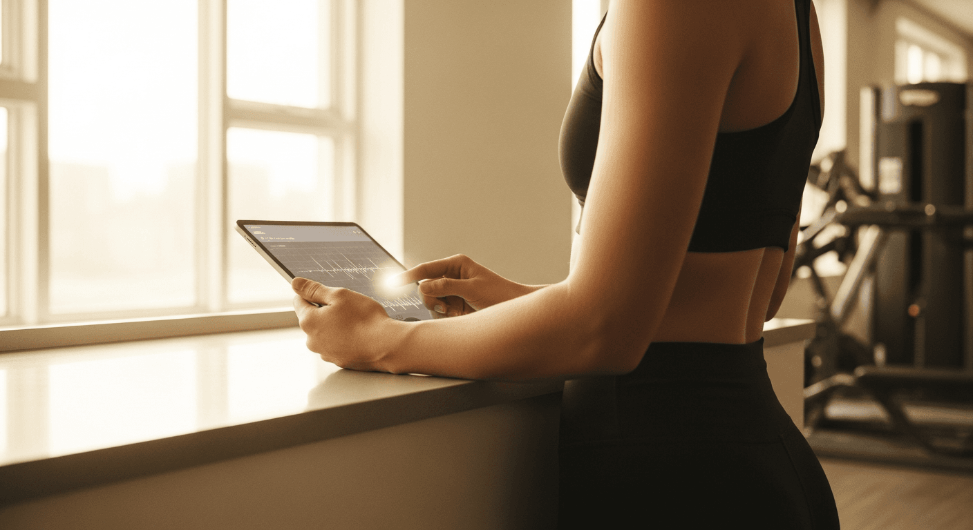 A personal trainer reviews data on a tablet at a gym counter in warm natural light.