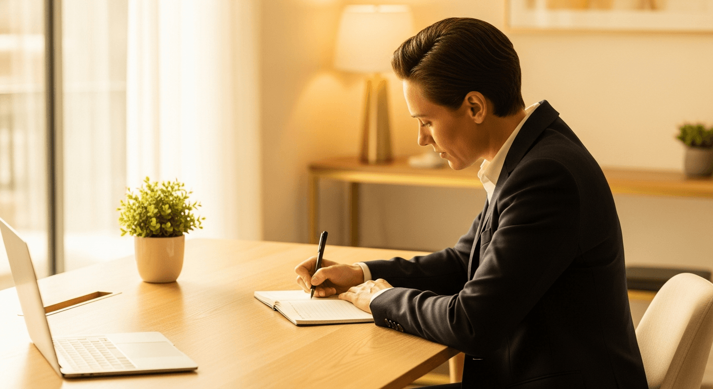 Professional coach writing strategy notes at a light oak desk in warm morning light.