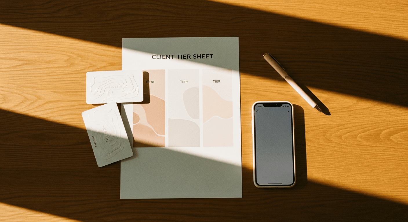 Overhead view of a coaching business desk with pricing documents, invoice card, and pen on warm oak wood in natural golden light.