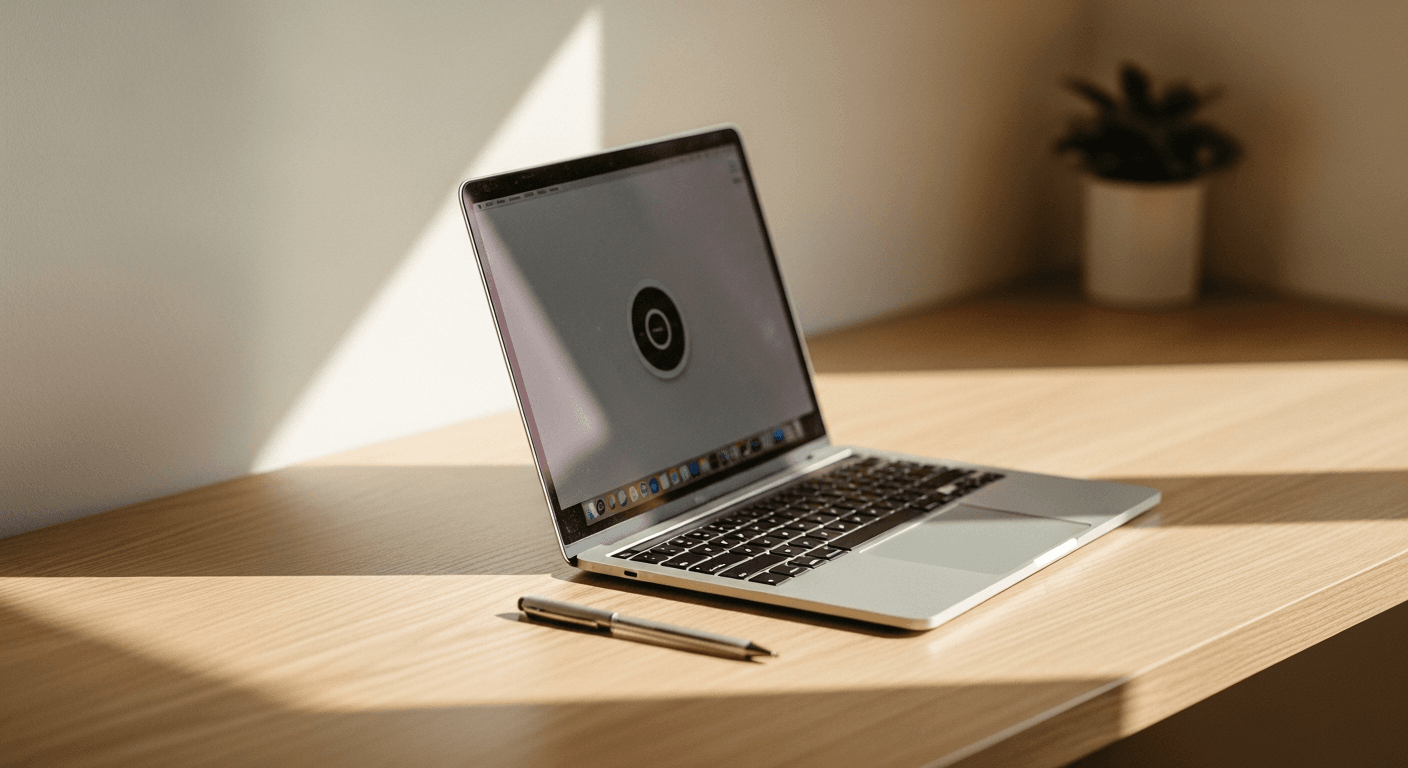Open laptop on a light oak desk with a pen, bathed in warm natural golden-hour light.