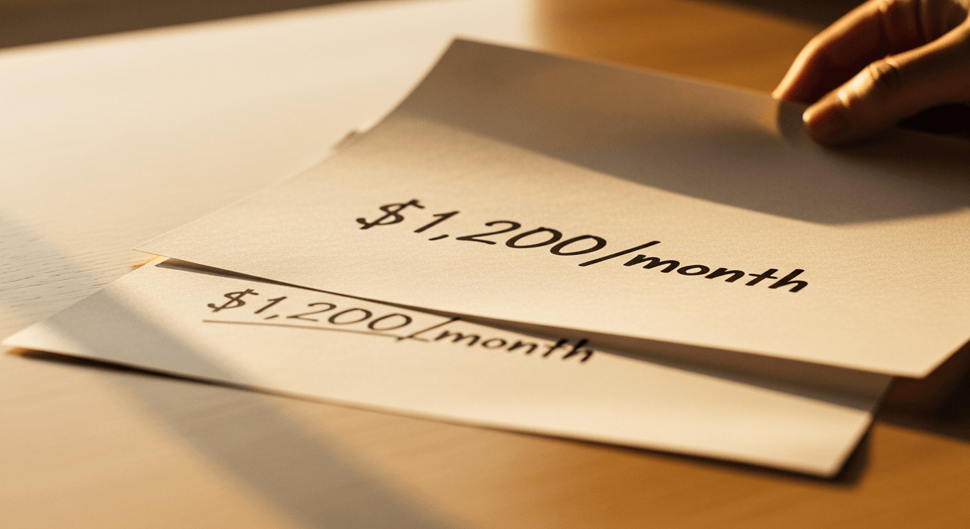 A pricing document showing $1,200/month being slid across a warm wooden desk in soft golden light.