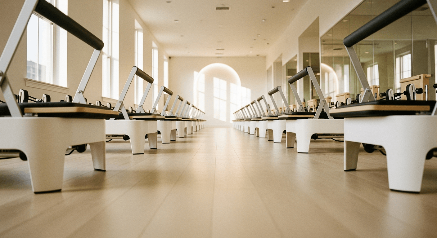 Long corridor of a premium boutique fitness studio lined with identical reformer machines in perfect perspective alignment.