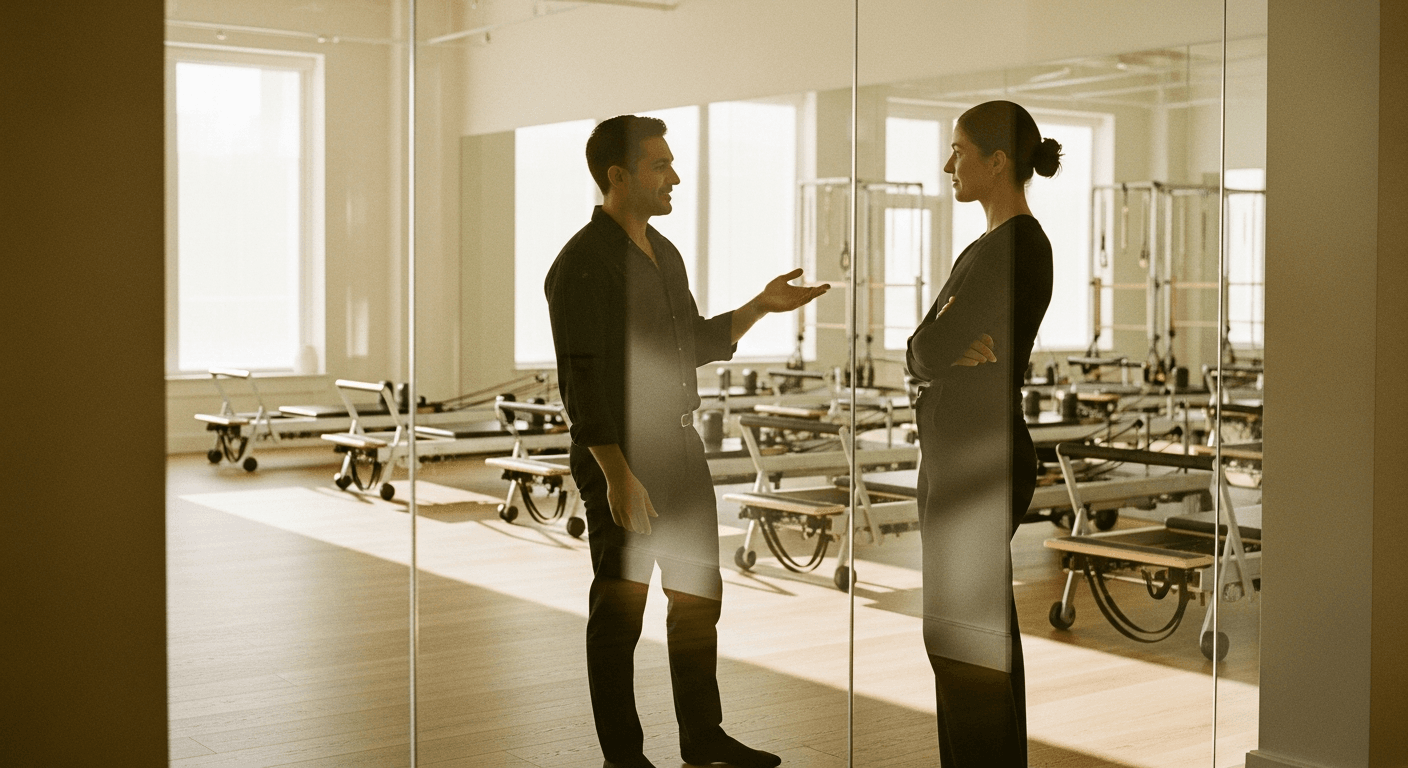 Two business professionals discuss strategy inside a bright boutique Pilates studio with reformers lining the floor.
