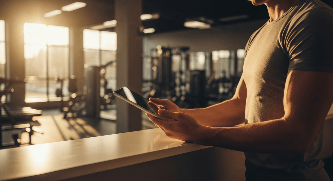 Gym manager reviews data on tablet at front desk in warm golden-hour lighting.