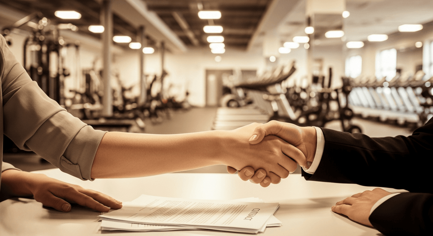 Two hands shake over a desk with contracts, modern gym equipment blurred in the background.