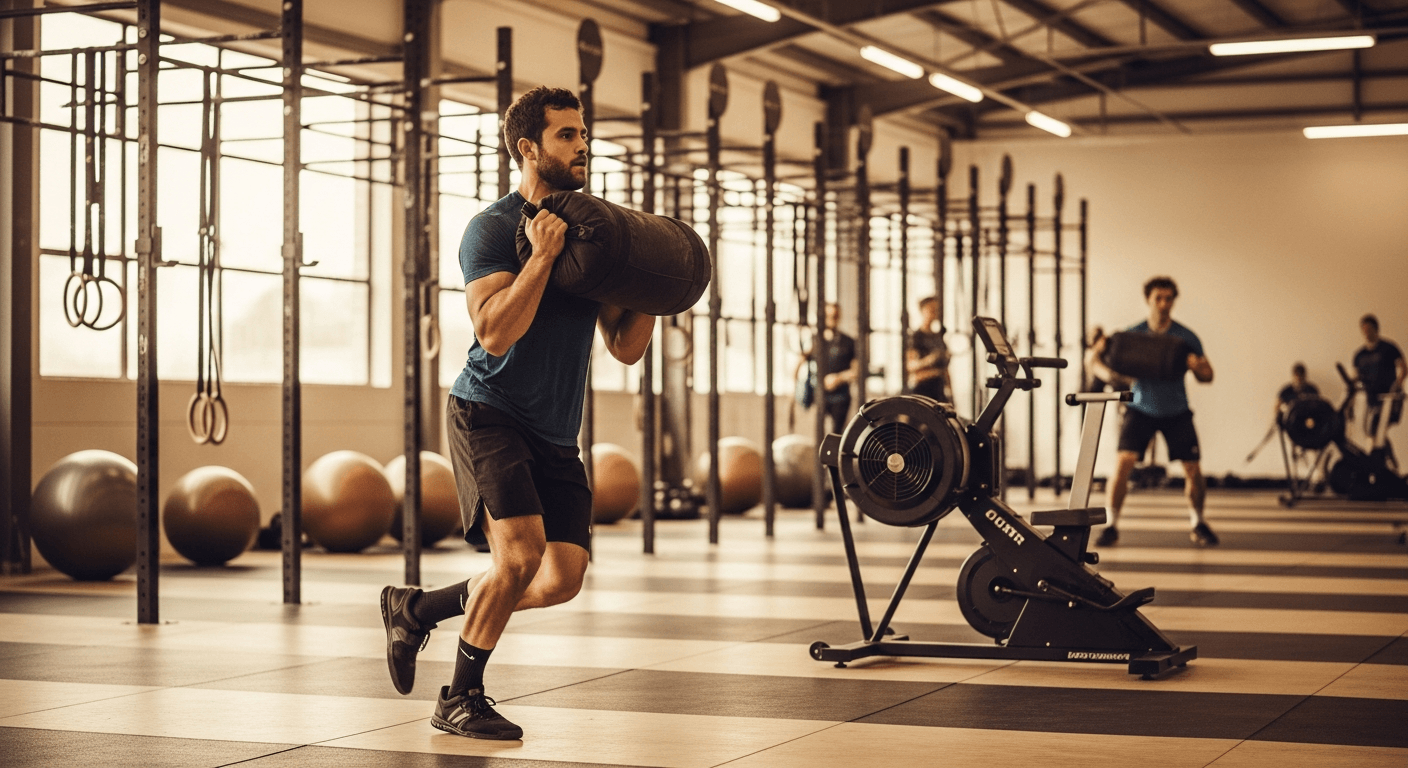 Male athlete carrying a heavy sandbag during a functional fitness competition in a gym.