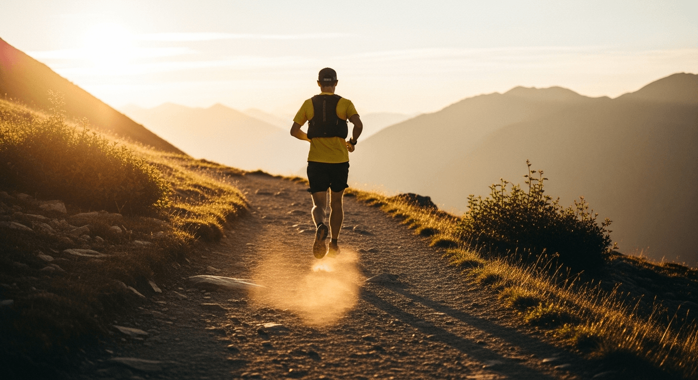 A runner mid-stride on a high mountain trail during golden hour, leaning forward with peaks and dust visible in warm light.