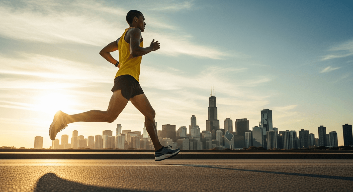 A runner in a yellow singlet strides against Chicago's skyline in golden morning light.