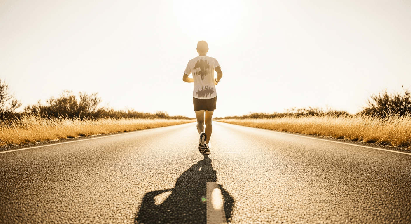 A sweaty runner seen from behind, running alone on a sun-bleached asphalt road under intense midday heat.