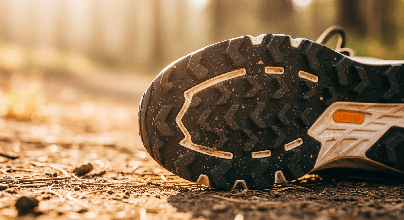 Trail running shoe tilted sole-forward in macro detail, aggressive lugs with embedded dirt and gravel, soft natural morning light.